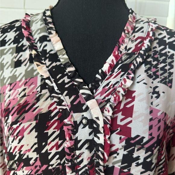 Karl Lagerfeld Paris Houndstooth-Print Chiffon Top Blouse Sz M Office Career - Picture 9 of 9